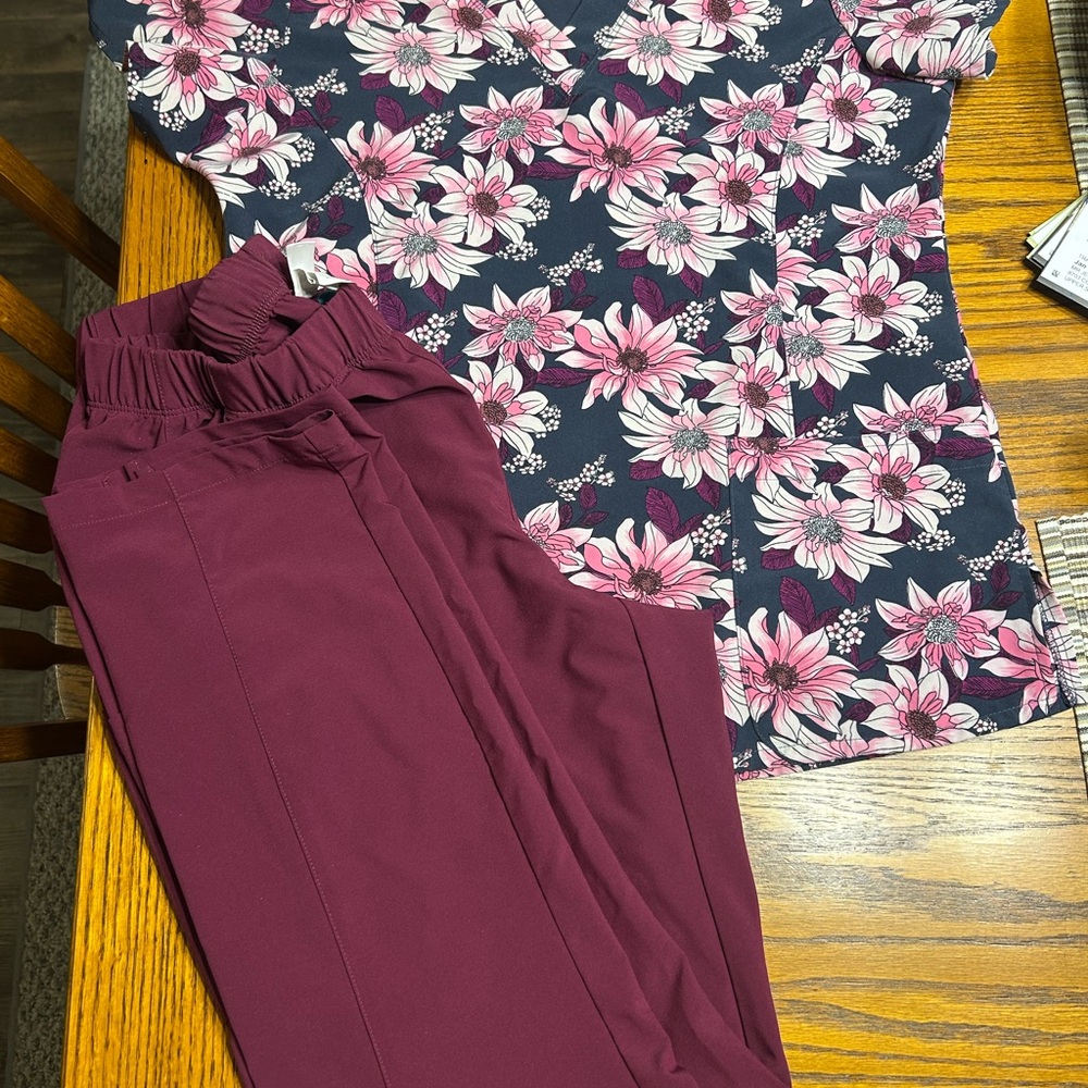 Floral Top and Burgundy scrub pants set